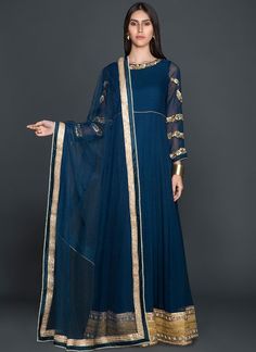 Navy Blue Embroidered Anarkali Navy Blue Anarkali Suits, Blue Semi-stitched Anarkali Set With Embroidered Border, Blue Embellished Anarkali Dupatta, Blue Anarkali Top With Embroidery, Blue Embellished Anarkali Embroidered Fabric, Georgette Tops, Thread Work, Anarkali, Salwar Kameez