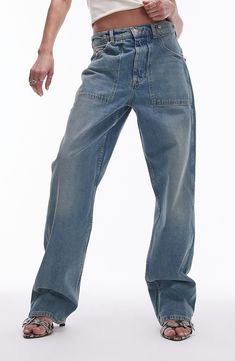 Made to look like a well-loved vintage pair, these nonstretch jeans feature carpenter pockets and a loose, easy fit. 29" inseam; 18" leg opening; 13" front rise; 16" back rise (size 32) Zip fly with button closure Five-pocket style; tool pockets 100% cotton Machine wash, line dry Made in Turkey Everyday Light Wash Cargo Jeans With Pockets, High Rise Medium Wash Cargo Jeans, High Rise Medium Wash Rigid Denim Cargo Jeans, Light Wash Utility Flare Jeans, Mid-rise Cargo Style Jeans For Everyday, High Rise Utility Jeans For Everyday, Urban High Rise Flare Jeans In Rigid Denim, Vintage Straight Leg Cargo Jeans For Spring, Urban Style Medium Wash Rigid Denim Flare Jeans