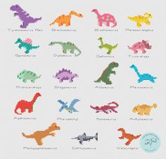 cross stitch pattern with different types of dinosaurs in various colors and sizes, including the names