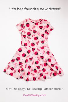 a pink dress with red flowers on it and the words get the easy sewing pattern here