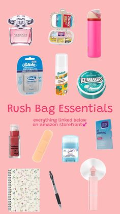 the cover of rush bag essentials is shown on a pink background with various items