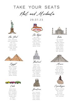 a white poster with the names and symbols of different cities