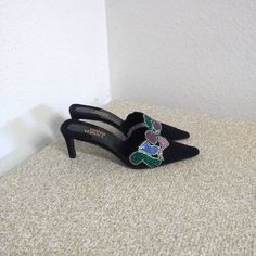 Nwot Gianni Versace Black Suede Multicolored Rhinestone Heeled Mule In Size 35. Heel Is 2.5". Multicolor Embellished Heels For Formal Occasions, Elegant Multicolor Rhinestone Heels, Elegant Multicolor Embellished Heels, Heeled Mule, Versace Shoes, Rhinestone Heels, Gianni Versace, Mule Clogs, Mules Shoes