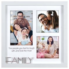 a family photo collage with three pictures and the words family in silver on it