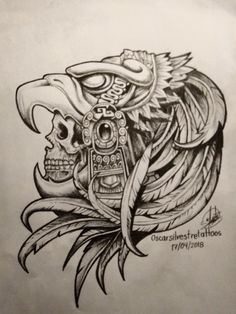 a drawing of a skull with an eagle on it's head and feathers around its neck