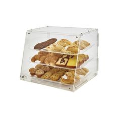 three tier acrylic display case with cookies and pastries