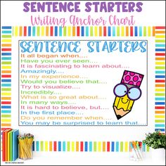 a colorful poster with the words writing anchor chart, sentence steps and pencils on it