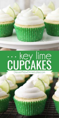 key lime cupcakes with white frosting and lime wedges on top, sitting on a cooling rack