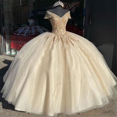 (eBay) Off the Shoulder Quinceanera Dresses Champagne Lace Appliqued Beaded Party Gowns Champagne Quince Dresses, Champagne Quince, White Quince Dresses, Champagne Quinceanera Dresses, White Quinceanera Dresses, Xv Dresses, Quince Themes, Quinceanera Dresses Gold, Quinceanera Themes Dresses