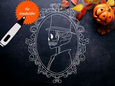 a drawing of a skeleton in a frame with a marker and pumpkins on the side