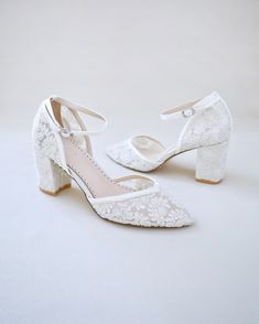 Ivory Crochet Lace Almond Toe Block Heel Women Wedding Shoes, Bridesmaids Shoes, Bridal Shoes - Etsy Lace Wedding Shoes Low Heel, Shoes Editorial, Feminine Wedding, Flower Girl Shoes, Bridal Flats, Satin Shoes, Rancho Cucamonga, Block Heel Sandals, Wedding Sandals