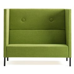 an upholstered green couch with black legs and buttons on the armrests