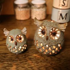 two owl figurines sitting on top of a wooden table next to salt and pepper shakers