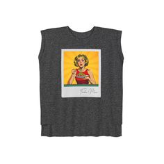 Calling all Foodie Moms! This fun and vibrant muscle tee celebrates your love for food and motherhood in perfect pop-art style. Featuring a captivating image of a woman enjoying a delicious plate of spaghetti and meatballs, this tee is a playful nod to the joys of indulging in a good meal. The handwritten "Foodie Mom" inscription adds a personal touch, making this a must-have for any mom who appreciates the finer things in life (like a perfectly cooked pasta dish!). Made from comfortable and breathable fabric with rolled cuffs for a stylish touch, this muscle tee is perfect for everyday wear. Show off your love for food and family with this one-of-a-kind Foodie Mom  This women's muscle tee comes with a relaxed, drapey fit that is perfect for any athletic activity or a casual day out. Its r Pop Culture Funny Print Summer Top, Summer Pop Culture Tops With Funny Print, Summer Pop Culture Top With Funny Print, Retro Crew Neck Tank Top With Graphic Print, Retro Cotton Muscle Tee With Graphic Print, Retro Graphic Print Muscle Tee For Summer, Retro Summer Muscle Tee With Graphic Print, Pop Culture Graphic Print Tops In Relaxed Fit, Retro Muscle Tee With Graphic Print For Summer