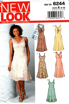 V-NECK BIAS SLIP STYLE CAMISOLE SUMMER DRESS SEWING PATTERN SIZE 8 10 12 14 16 18 - WOMEN MISSES NEW LOOK 6244 C 2000s INCLUDES FULL FIGURE, CURVY FIT AND PLUS SIZE FOUR STYLES INCLUDING: SPAGHETTI STRAPS SLIP DRESS BODICE WITH OR WITHOUT FRONT TIES BIAS CUT, GORED SKIRT THIS PATTERN COMES IN 3 LANGUAGES:   ENGLISH   FRANCH   SPANISH THIS PATTERN IS IN 'EXCELLENT' CONDITION.  UNCUT WITH FACTORY FOLDS! Tank Top Sewing Pattern, Summer Dress Sewing Patterns, Plus Size Sewing Patterns, Bolero Dress, Wedding Dress Patterns, Dress Party Night, Miss Dress, Crochet Dress Pattern, Blush Dresses