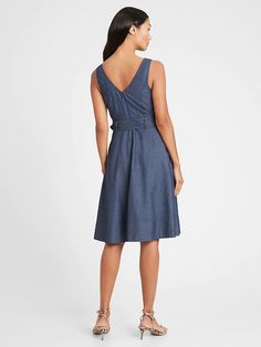 Denim V-Neck Dress | Banana Republic Cotton V-neck Belted Dresses, V-neck Denim Dress For Work, Belted Cotton Denim Dress For Summer, Dark Wash Cotton V-neck Denim Dress, Dark Wash Cotton Denim V-neck Dress, Dark Wash Cotton Denim Dress With V-neck, Spring Workwear V-neck Denim Dress, Spring V-neck Denim Dress For Work, Chic V-neck Cotton Denim Dress