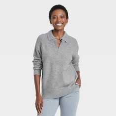 Winter Collared Polo Sweater For Loungewear, Collared Polo Sweater For Winter Loungewear, Collared Sweater For Fall Loungewear, Gray Ribbed Collar Polo Sweater For Fall, Cozy Collared Knit Sweater, Relaxed Fit Knit Polo Sweater For Work, Fall Polo Sweater For Work, Cozy Knit Polo Sweater For Work, Fall Polo Sweater For Loungewear