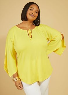 Draw eyes to you in our stretch-knit tunic with its drawstring neckline that allows for more (or less) drama! Cutouts are punctured into the dramatic sleeves for slivers for skin. Tops For Plus Size Women, Tops For Plus Size, Plus Size Summer Tops, Dramatic Sleeves, Plus Size Party, Plus Size Trendy, Tunics Online, Draw Eyes, Drawstring Neckline