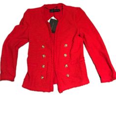 Nwt Zara Red Blazer Jacket / Red Jacket Gold Buttons Google Lens The Only You Can Find - Used $85 + Marked Size Small Measurements Materiel Red Fitted Cardigan With Button Closure, Elegant Red Cardigan With Buttons, Red Buttoned Cardigan For Spring, Red Double-breasted Outerwear For Fall, Red Double-breasted Long Sleeve Outerwear, Red Long Sleeve Double-breasted Outerwear, Red Buttoned Cardigan For Work, Spring Red Blazer With Double Button Closure, Red Double Button Blazer For Spring