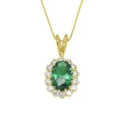 Gold Emerald Pendant set with a Created Emerald in a Diamond cut, flawless clarity & lively green color, at 14x10mm, surrounded by small CZ Diamonds. Gold Vermeil: 18k Gold over Solid 925 Sterling Silver ☞ made to last. Click here for ☞ Matching Ring Click here for ☞ Matching Earrings Details: • Created Emerald in a flawless clarity • Emerald: 14x10mm, 6 Cts, diamond cut • CZ Diamonds: 3mm each, 1.5 Ct combined • Pendant Height 30mm, Width 16mm • Free Complimentary Chain• 18k Gold Vermeil SKU 2445 Green Brilliant Cut Necklace For May Birthstone, Green Oval Necklace In Fine Jewelry Style, Dazzling Green Emerald Necklace For Anniversary, Green Emerald Necklace With Brilliant Cut For May Birthstone, Green Emerald Necklace With Halo Setting For May Birthstone, Green Cubic Zirconia Necklace With Brilliant Cut, May Birthstone Green Emerald Necklace With Halo Setting, Green Brilliant Cut Cubic Zirconia Necklace, May Birthstone Emerald Necklace With Halo Setting