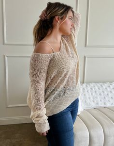 The Plus Size Airy Crochet Sweater is comfortable and sweater-like without being too hot. For a simple, casual outfit, pair this sweater-top with a cute pair of trendy jeans. Or, alternatively, dress it up with a skirt and a pair of heels for a workplace or date night look. This sweater features long sleeves, a deep, rounded neckline, and a full length. The material is a stretchy knit. This sweater is made from 100% acrylic. Machine wash cold. Imported. Model is wearing a size 2XL. Trendy Stretch Sweater For Layering, Long Sleeve Pointelle Knit Sweater With Relaxed Fit, Pointelle Knit Long Sleeve Sweater With Relaxed Fit, Pointelle Knit Long Sleeve Sweater For Day Out, Long Sleeve Pointelle Knit Sweater For Day Out, Relaxed Fit Pointelle Knit Long Sleeve Sweater, Relaxed Fit Long Sleeve Pointelle Knit Sweater, Casual Stretch Open Knit Sweater, Cozy Open Knit Sweater For Loungewear