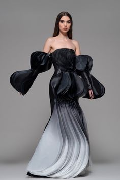 Off shoulder layered gown - HerTrove Off The Shoulder Dress Black, Unconventional Fashion, Isabel Sanchis, Layered Gown, Cold Shoulder Gown, Exclusive Gowns, Pleated Gown, Contemporary Dresses, Theme Dress