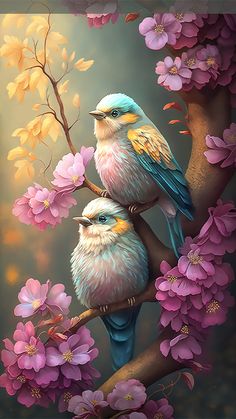 two birds sitting on top of a tree branch with pink flowers in front of them