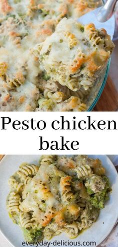 two pictures of pasta and chicken bake with the words, pesto chicken bake