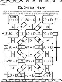 the division maze worksheet for addition and subtractional numbers to 10