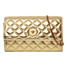 This Wallet On Chain From Versace Is Crafted With A Luxuriously Soft Quilted Lambskin In A Metallic Gold Color. The Front Face Of The Bag Features A Gold-Tone Medusa Head Logo. The Magnetic Snap Flap Opens To A Black Fabric Lined Interior With Card Slots, Bill Slots, And A Zipper Compartment, Providing Ample Organization. The Detachable Chain Strap Allows For This Piece To Be Worn As A Shoulder Bag Or Clutch. This Chic Wallet On Chain Is The Perfect Evening Or Special Occasion Bag, Only From Ver Classic Gold Bags With Logo Plaque, Gold Evening Bag With Logo Plaque, Formal Gold Wallets With Logo Plaque, Classic Gold Wallet With Logo Plaque, Designer Gold Bags With Logo Plaque, Designer Gold Bag With Logo Plaque, Classic Gold Quilted Bag, Gold Leather Wallet With Logo Plaque, Classic Quilted Gold Bag