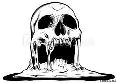 a black and white drawing of a skull with its mouth open