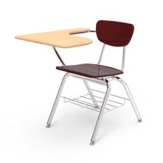 a chair with a desk attached to the back and seat is shown in front of a white background