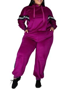 Women's Plus Size Rose 2 Piece Outfit Loungewear Velour Tracksuit Stripe Long Sleeve Hooded Top Jogging Bottoms Pink 2 Piece Outfit, Velour Tracksuit, 2 Piece Outfit, Womens Sports, Stripe Long Sleeve, Jogging Bottoms, Hooded Top, Hooded Tops, Curvy Outfits