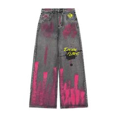 Experience urban luxury with our DF| Street Art Spray Painted Jeans. Each pair is uniquely spray painted with bold and edgy designs, creating a statement piece that merges art and fashion. Made with premium quality denim, these jeans are the epitome of street-style chic. Upgrade your wardrobe with these exclusive jeans. Features: -80% Cotton, 20% Spandex -Mid-rise waist -Premium denim fabric -Distressed detailing -Regular fit -Street unisex style Graphic Print Jeans For Spring Streetwear, Urban Jeans With Letter Print For Streetwear, Trendy Letter Print Jeans For Streetwear, Edgy Streetwear Jeans For Spring, Edgy Jeans For Spring Streetwear, Graffiti Print Cotton Jeans For Streetwear, Cotton Graffiti Print Jeans For Streetwear, Edgy Graphic Print Jeans For Streetwear, Grunge Graphic Print Jeans For Streetwear