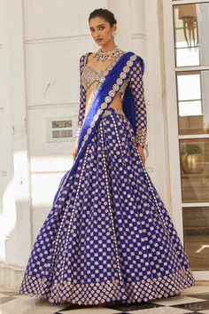 Blue flared attached cancan lehenga with mirror hand embroidery in floral pattern. Paired with a padded mirror embroidered blouse and dupatta with mirror embroidered border. - Aza Fashions Anarkali Choli In Royal Blue For Reception, Royal Blue Anarkali Choli For Reception, Embroidered Royal Blue Choli For Reception, Royal Blue Lehenga With Cutdana In Traditional Drape, Royal Blue Choli With Resham Embroidery For Reception, Anarkali Style Royal Blue Set For Reception, Royal Blue Anarkali Set For Reception, Royal Blue Choli For Reception With Traditional Drape, Royal Blue Zari Work Sets For Reception