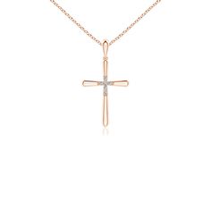 Show your love and commitment to God with this gorgeous fluted cross pendant in 18k rose gold. It has a polished finish and displays a slightly tapered design. Glittering diamonds form a cross at the center of the pendant. Elegant Rose Gold Diamond Cross Necklace, Elegant Rose Gold Crucifix Cross Necklace, Commitment To God, 18k Rose Gold, Cross Pendant, Prong Setting, Diamonds, Rose Gold, Pendant