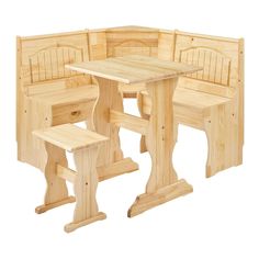 a wooden table with benches and chairs around it in the shape of a corner booth