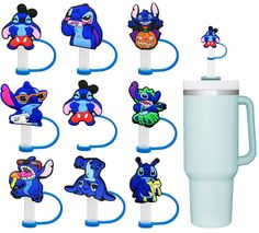 various cartoon characters are attached to the handle of a cup with a straw in it