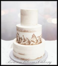 a three tiered cake with mountains painted on it