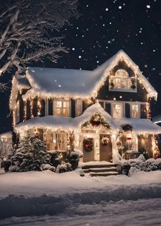 a house covered in christmas lights and snow