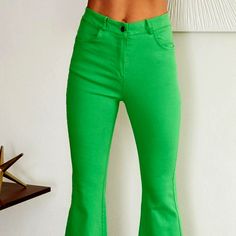 Super Fashion Wide Leg Pants, Trendy Vibrant Color, No Stretch Neon Green Flare Pants, Green Non-stretch Trousers Jeans, Non-stretch Green Jeans, Green Stretch Wide Leg Jeans, Casual Green Flare Pants, Trendy Green Trousers Jeans, Trendy Stretch Pants With Five Pockets, Casual Green Flare Bottoms, Fitted Green Pants With Five Pockets