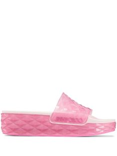 pink signature Diamond embossed pattern platform sole slip-on style open toe branded insole Chic Pink Slip-on Slides, Luxury Platform Slip-on Sandals, Pink Slip-on Sandals With Textured Sole, Pink Textured Sole Slip-on Sandals, Pink Textured Slip-on Slides, Luxury Platform Slides For Summer, Pink Sandals With Textured Sole And Round Toe, Spring Luxury Pink Slides, Pink Slip-on Slides With Rubber Sole