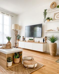 a flat screen tv sitting on top of a wooden shelf next to a potted plant