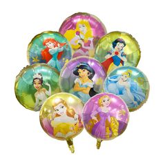 a bunch of foil balloons with princesses on them