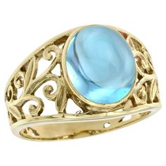 Enhance your style with this captivating vintage-inspired ring that exudes romance and sophistication. The delicate filigree work beautifully complements the smooth, oval cabochon blue topaz, creating an air of understated elegance. The warm, classic touch of yellow gold adds a timeless appeal, making this ring a perfect embodiment of feminine grace. Treat yourself to this graceful piece and experience a blend of vintage charm and contemporary allure. CHARACTERISTICS Status: Made to order Origin Luxury Elegant Sapphire Cabochon Ring, Luxury Yellow Gold Topaz Ring With Round Band, Elegant Luxury Cabochon Diamond Ring, Luxury Classic Yellow Gold Filigree Ring, Vintage Luxury Topaz Ring Collectible, Luxury Yellow Gold Blue Topaz Rings, Luxury Yellow Gold Rings With Blue Topaz, Topaz Yellow, Topaz Color