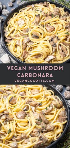 vegan mushroom carbonara pasta in a skillet