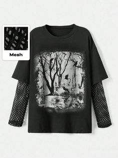 Black Gothic Forest Silhouette Printed Mesh Jointed Long Sleeve 2 In 1 T-Shirt, School Black Casual  Long Sleeve Fabric Halloween,Letter  Slight Stretch  Women Clothing, size features are:Bust: ,Length: ,Sleeve Length: Dark Graphic Tees, Black Long Sleeve Outfit Casual, Goth Sleeves, Gothic Forest, Goth Plus Size, Black And White Grunge, Cute Black Shirts, Emo Shirts, Forest Silhouette