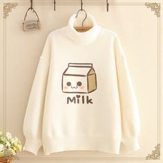 Kawaii Long Sleeve Turtleneck Milk Sweater Cute Beige Winter Tops, Cute Cream Long Sleeve Sweater, Beige Collared Tops For Winter, Cute Crew Neck Fall Outerwear, Cute Fall Crew Neck Outerwear, Cute Fitted Sweater For Fall, Beige Long Sleeve Tops With Ribbed Collar, White Collar Sweater For Winter, Cute Cream Sweatshirt For Fall