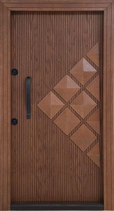 a wooden door with geometric designs on the front and side paneled in dark wood