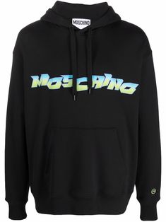 Jet-black cotton logo-print pullover hoodie from MOSCHINO featuring logo print to the front, drawstring fastening, classic hood and long sleeves. | Moschino Logo-Print Pullover Hoodie Moschino Logo, Dope Outfits For Guys, Dope Outfits, Cotton Logo, Mens Activewear, Print Pullover, Curator Style, Jet Black, Black Hoodie